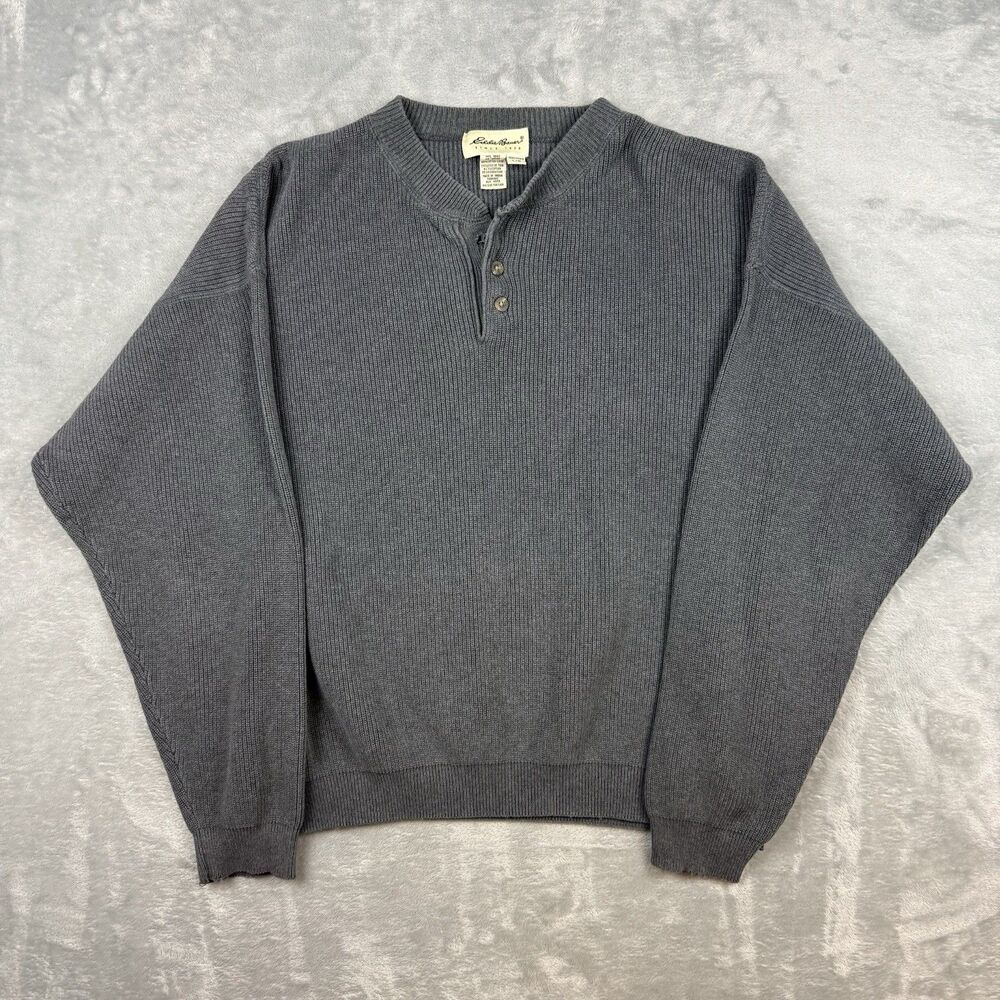 Eddie Bauer Men’s Large Gray Henley Sweater Cotton Ribbed Knit Pullover